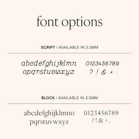 Engraving font options showing script and block styles with alphabet, numbers, and symbols