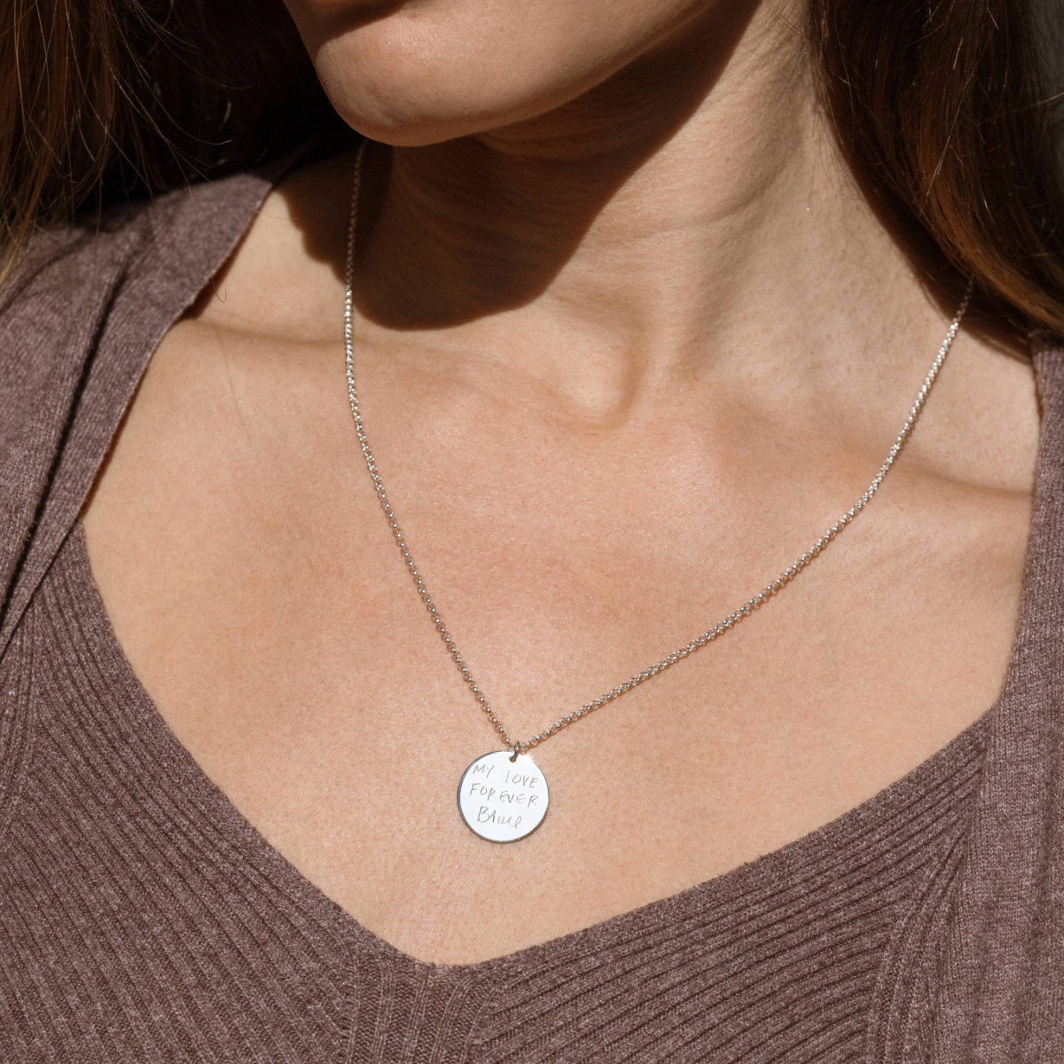 Engraved Handwriting Disc Necklace