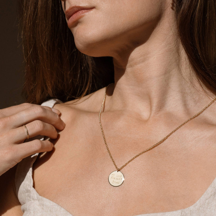 Engraved Handwriting Disc Necklace Lifestyle