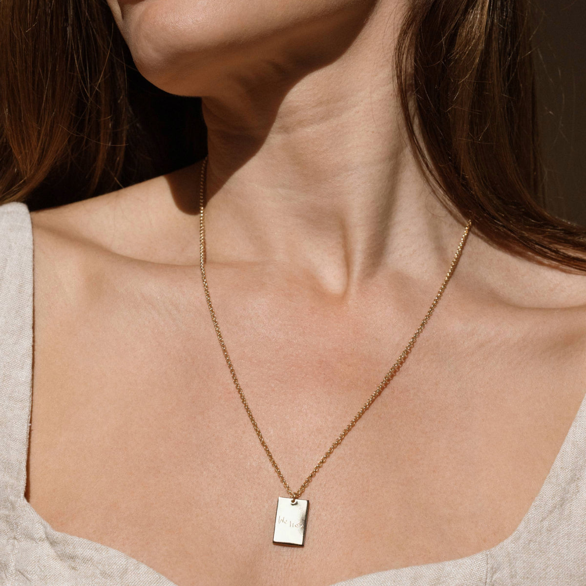 Engraved Handwriting Rolo Rectangle Necklace