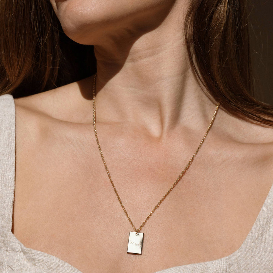 Engraved Handwriting Rolo Rectangle Necklace Lifestyle
