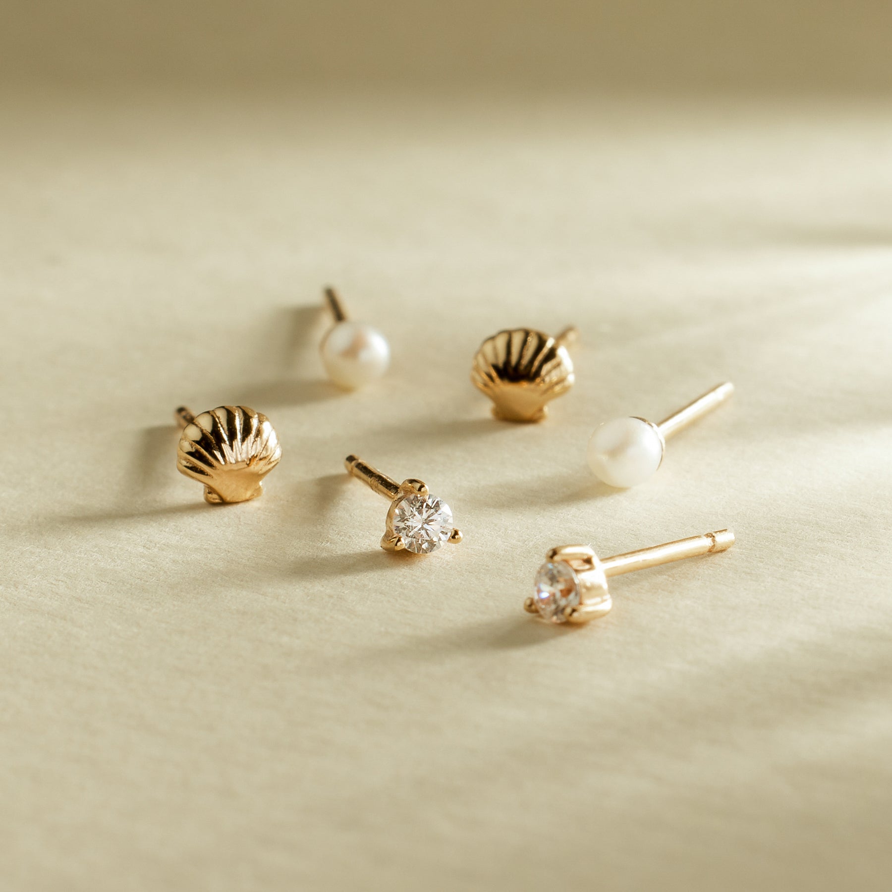 Mini Shell Studs + Mini Pearl Stud + 3-Prong CZ Earring Set Gold Vermeil Jewelry Set